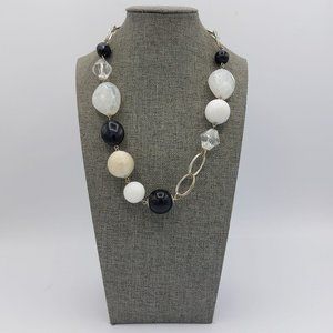 Black White Beaded Necklace Asymmetrical Silver Toned Chain Resin Beads 21" Long